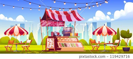 Outdoor burger stall in summer city park 119429716
