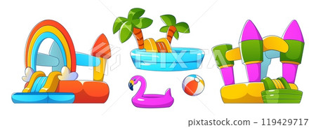 Summer water park inflatable slide and pool vector 119429717