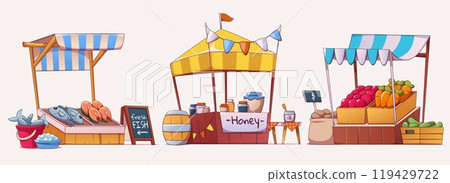 Set of market stalls selling food 119429722