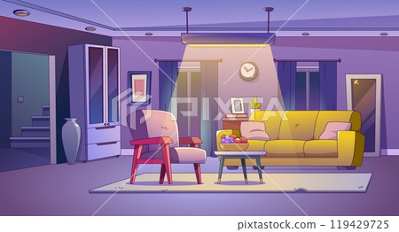 Living room interior at night in house with couch Living room interior at night in house with couch 119429725