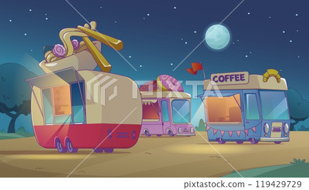 Food truck in city park at night. Food truck in city park at night. 119429729