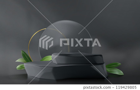 Black 3d product podium with glass and green leaf. Black 3d product podium with glass and green leaf. 119429805