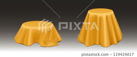 Round podium under golden satin curtain cover. Round podium under golden satin curtain cover. 119429817