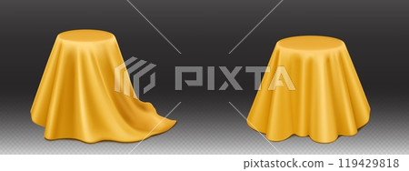 Round podiums covered with yellow silk cloth Round podiums covered with yellow silk cloth 119429818