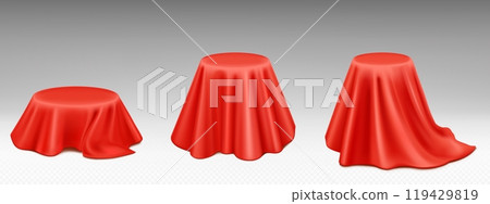 Round podiums covered with red silk cloth Round podiums covered with red silk cloth 119429819