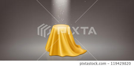 Round podium under golden soft satin fabric cover Round podium under golden soft satin fabric cover 119429820