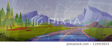 Rainy mountain landscape with winding asphalt road Rainy mountain landscape with winding asphalt road 119429833