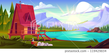 Wooden house near mountain lake 119429834