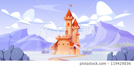 Fairytale king castle in winter under snow. Fairytale king castle in winter under snow. 119429836