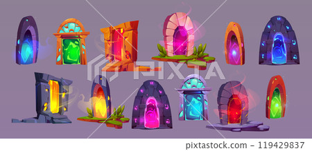 Magic game door with glowing portal Magic game door with glowing portal 119429837