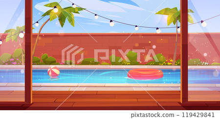 Backyard swimming pool behind open glass door Backyard swimming pool behind open glass door 119429841