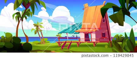 Hut with wooden terrace on sea or lake shore Hut with wooden terrace on sea or lake shore 119429845