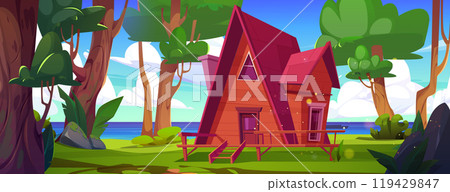 Wooden house in forest with river Wooden house in forest with river 119429847