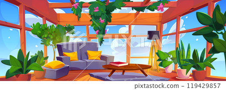 Glass balcony or terrace in house with garden 119429857