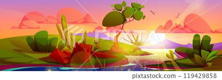 Sunset sky above river water landscape background 119429858