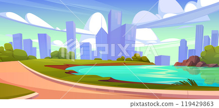 Summer city public park with lake or river Summer city public park with lake or river 119429863