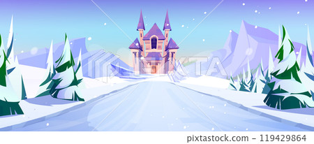 Winter frozen road to magic castle background Winter frozen road to magic castle background 119429864