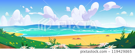 Summer cartoon sand sea beach shore and blue sky 119429865