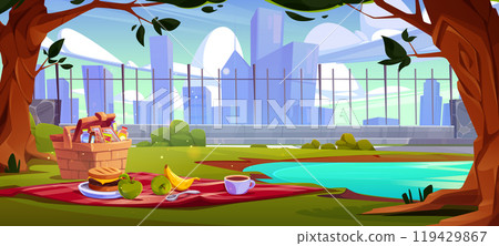 Picnic on lawn near lake in city park Picnic on lawn near lake in city park 119429867
