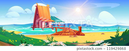 House on stilt with pier near beach in summer House on stilt with pier near beach in summer 119429868