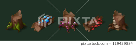 Cartoon tree stump and log with moss and mushrooms 119429884