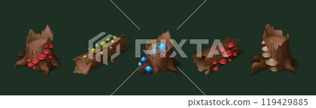 Cartoon tree stump and log with moss and mushrooms 119429885