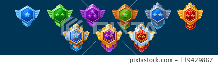 Medal and emblem with star, ribbon and wings 119429887