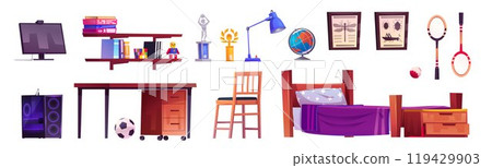 Teenager bedroom interior furniture and equipment 119429903