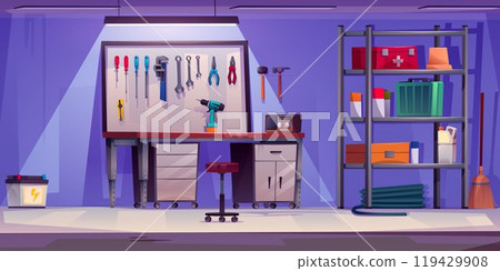 Garage interior with workshop furniture and tools Garage interior with workshop furniture and tools 119429908