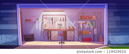Workshop interior in garage room cartoon vector Workshop interior in garage room cartoon vector 119429910