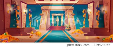 Egyptian palace interior with sarcophagus and gold 119429936