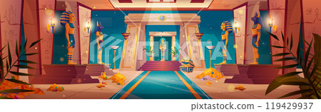 Egyptian pharaoh tomb with sarcophagus and wealth. 119429937
