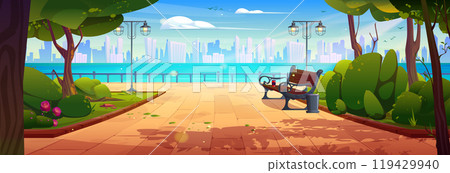 Summer or spring city public park with bench Summer or spring city public park with bench 119429940