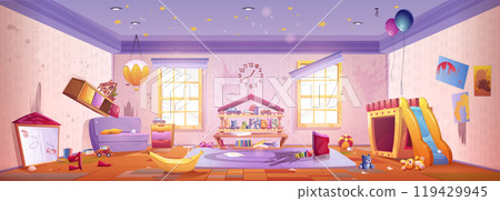 Messy abandoned kindergarten room interior Messy abandoned kindergarten room interior 119429945