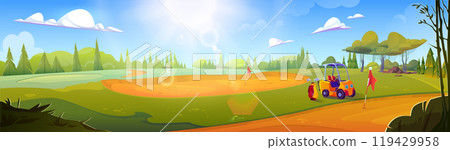 Golf course with cart and flags near holes Golf course with cart and flags near holes 119429958