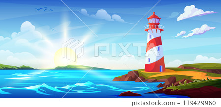Summer landscape with lighthouse on sea coast Summer landscape with lighthouse on sea coast 119429960