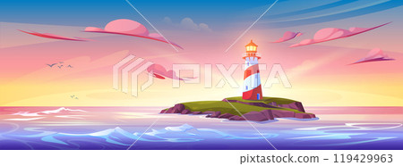 Summer sunset or sunrise landscape with lighthouse Summer sunset or sunrise landscape with lighthouse 119429963