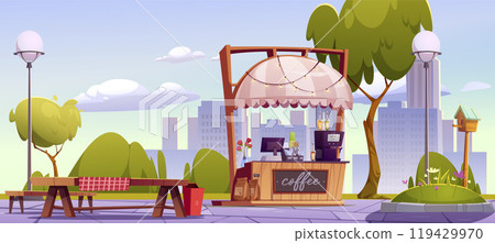 Street cafe with coffee in public city park. 119429970