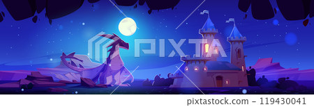 Large dragon sits near medieval castle at night 119430041