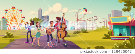 Street musician band playing in amusement park. 119430042