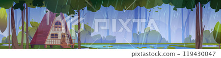 Panoramic forest landscape with wooden hut in rain 119430047