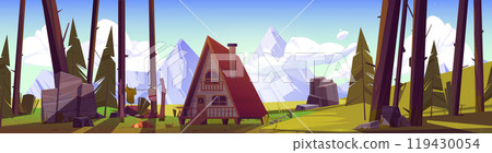 Wooden hut on tilts in forest near mountains. 119430054