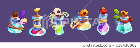 Magic game elixir potion bottle cartoon icon set 119430062