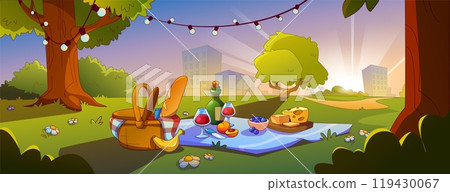 Sunset park with picnic basket cartoon background Sunset park with picnic basket cartoon background 119430067
