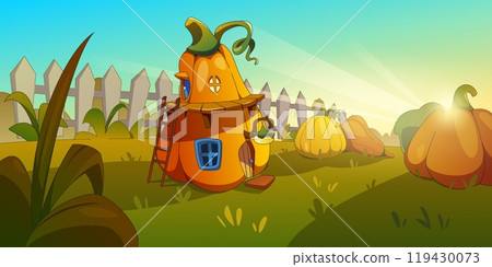 Fantasy pumpkin house in vegetable garden Fantasy pumpkin house in vegetable garden 119430073