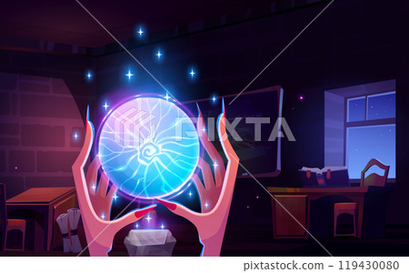 Witch hands with energy crystal in magic lab Witch hands with energy crystal in magic lab 119430080