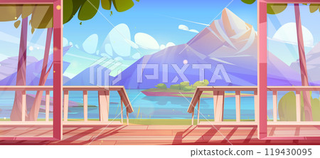 Mountain lake view from wooden terrace 119430095