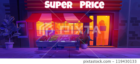 Grocery store at night with light from windows Grocery store at night with light from windows 119430133