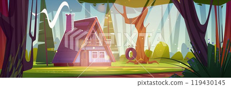 Small wooden house on glade in spring forest Small wooden house on glade in spring forest 119430145