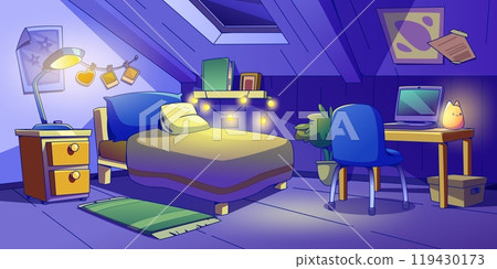 Attic bedroom interior at night 119430173